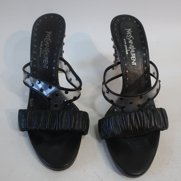 Authentic Yves Saint Laurent Ruched Leather Lucite Gem Strappy Heels 37.5 US/7.5 - Picture 3 of 12
